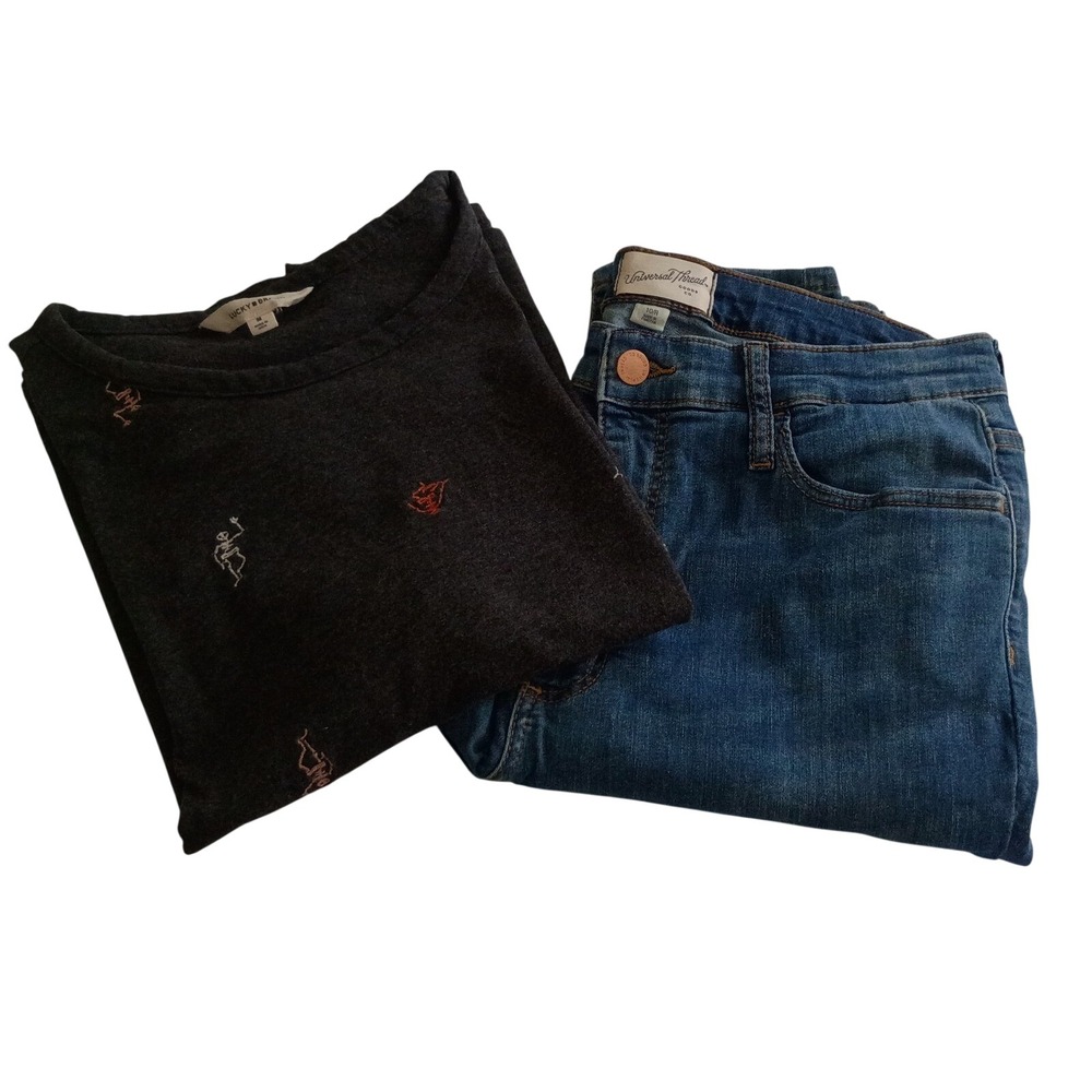 Fall Teacher Aesthetic High Rise Jeans 10R Lucky Brand Skeleton Tee M Bundle Set